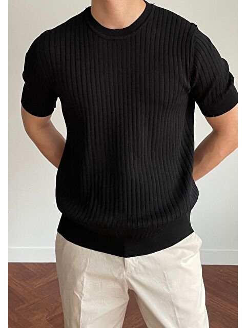 Tarz Cool Erkek Fitilli Slim Fit Bisiklet Yaka Triko Tişört - S000342189-19351