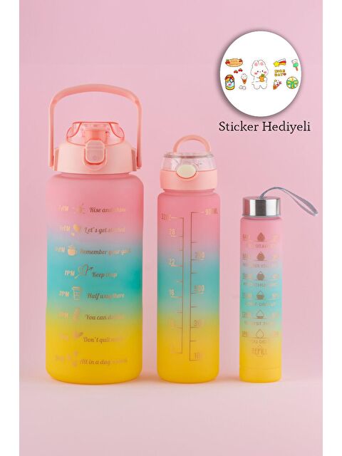 Porsima 11918 3 lü Motivasyon Stickerlı Kokusuz Spor Su Matarası - Su Şişesi - Renkli Suluk Pembe - S000088928-20020