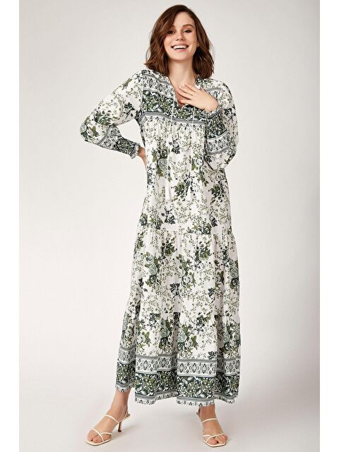 Bigdart 1947 Desenli Uzun Elbise - Haki - S000089469-18547