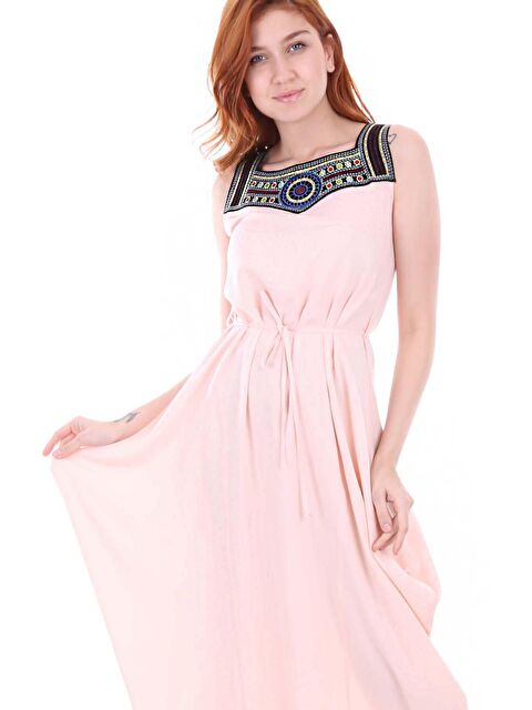 Bigdart 1512 Önü Nakışlı Elbise - Pudra - S000089522-23490