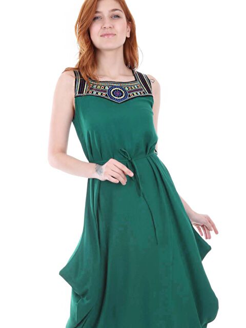 Bigdart 1512 Önü Nakışlı Elbise - Yeşil - S000089522-18194