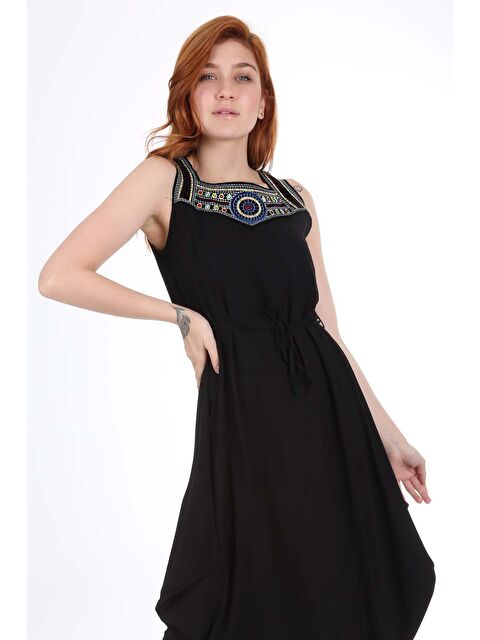 Bigdart 1512 Önü Nakışlı Elbise - Siyah - S000089522-19351