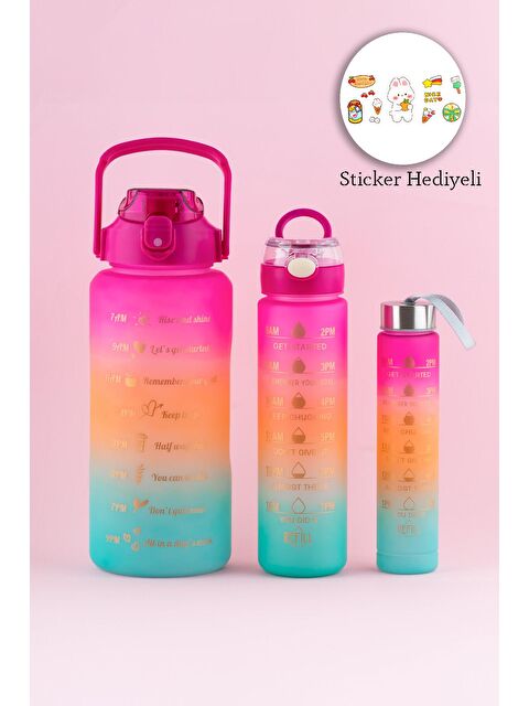 Porsima 11918 3 lü Motivasyon Stickerlı Kokusuz Spor Su Matarası - Su Şişesi - Renkli Suluk Fuşya - S000088925-18686