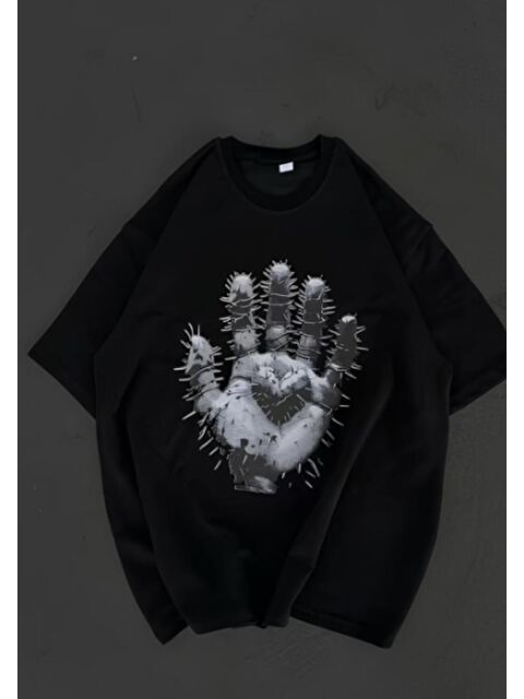 Tarz Cool Unisex Bisiklet Yaka Ön Arka Baskılı Oversize Siyah Tişört - S000381421-19351