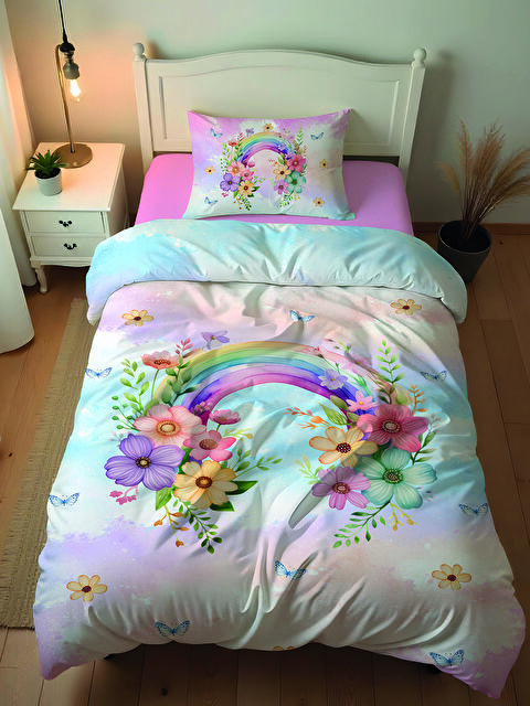 Evmila Çiçek ve  Desenli Çarşafsız 2'li Takım Baskılı Tek Kişilik Nevresim Takımı 160x220 cm - S000164174-23173