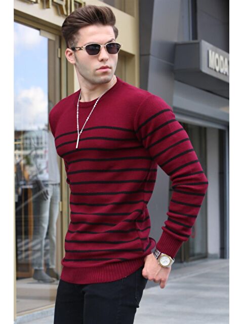 Madmext Bordo Çizgili Bisiklet Yaka Triko Kazak 5992 - S000031492-19951