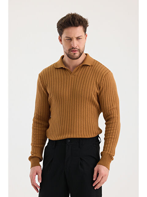 Tarz Cool Erkek Polo Yaka Fitilli Triko Kazak - S000141623-20046