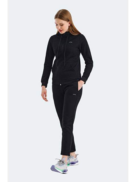 SLAZENGER RID IN Kadın Fermuarlı Kapüşonlu Cepli Siyah Eşofman Takımı