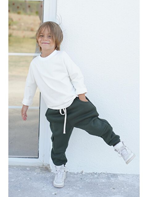 Catz Kids Çocuk Eşofman Takım - Haki 3 İplik Şardonlu Yandan Cepli Eşofman - Krem Penye Sweat - S000119063-37229