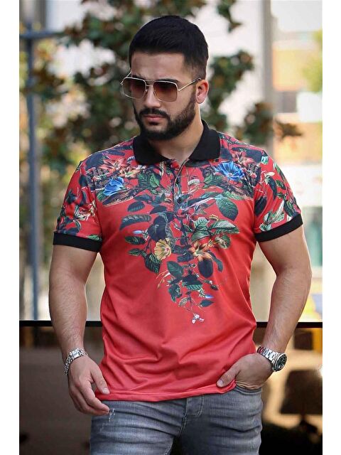 Madmext Kırmızı Çiçek Detaylı Polo %100 Pamuk Tişört 2885 - S000061212-20045