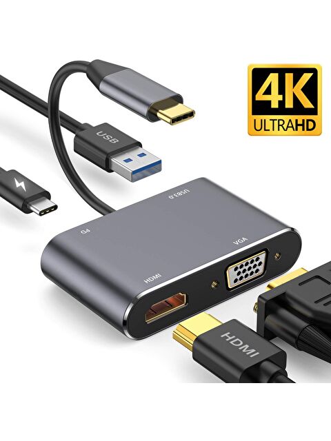 Technow CF02 Macbook Uyumlu Type-C™ To 4K Ultra Hd 1080p Hdmı/ Vga/ Pd Şarj/ USB 3.0 4IN1 Çevirici - S000371195-19351
