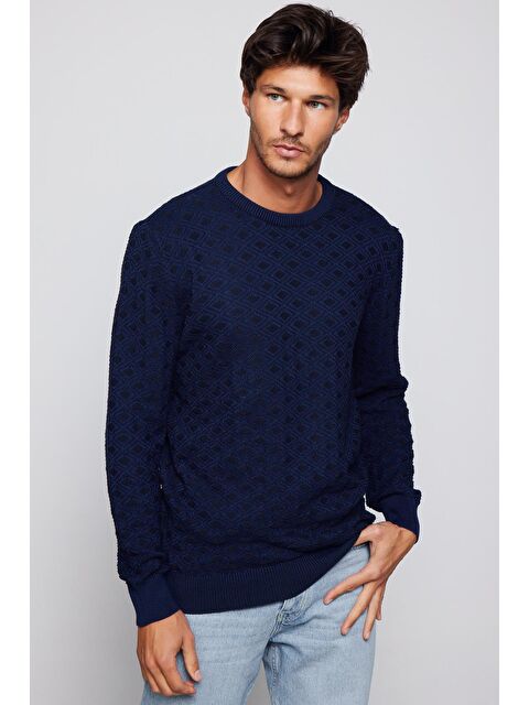 TUDORS Erkek Slim Fit Bisiklet Yaka Armürlü Pamuklu Lacivert Triko Kazak - S000042651-21164