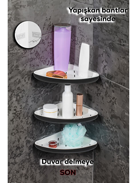 Porsima 3lü Yapışkanlı Banyo Düzenleyici Duş Rafı - Şampuanlık Sabunluk Banyo Köşeliği - Duşakabin Köşe Raf - S000299170-29666