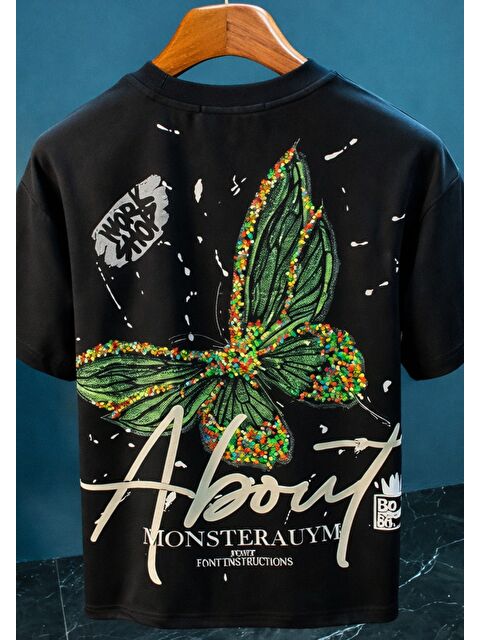 Tarz Cool Unisex Kelebek Baskılı Bisiklet Yaka Oversize Tişört - S000381419-19351