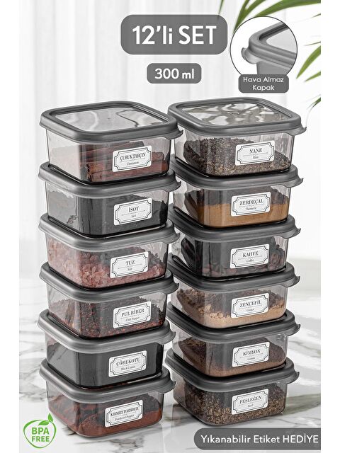 Meleni Home 12'li Etiketli Kapaklı Kare Erzak Saklama Kabı Seti Baharatlık Seti 12x 300 ml - S000033151-29666