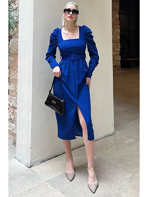 Madmext Saks Karpuz Kol Kare Yaka Kalem Elbise Mg2046 - S000161325-23710