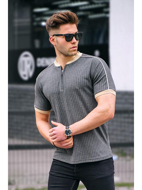 Madmext Antrasit Fermuar Yaka Erkek  Penye Tişört - S000015971-29666