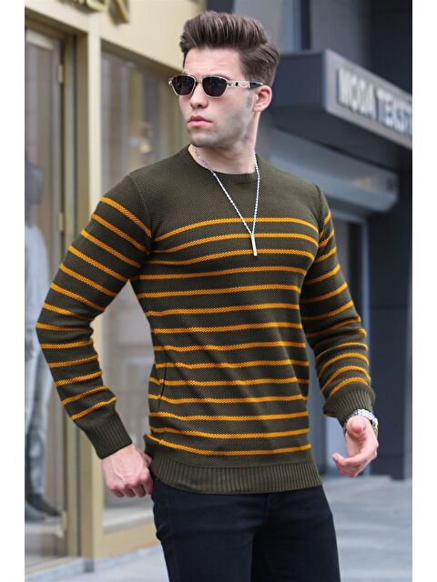 Madmext Haki Çizgili Bisiklet Yaka Triko Kazak 5992 - S000031492-18547