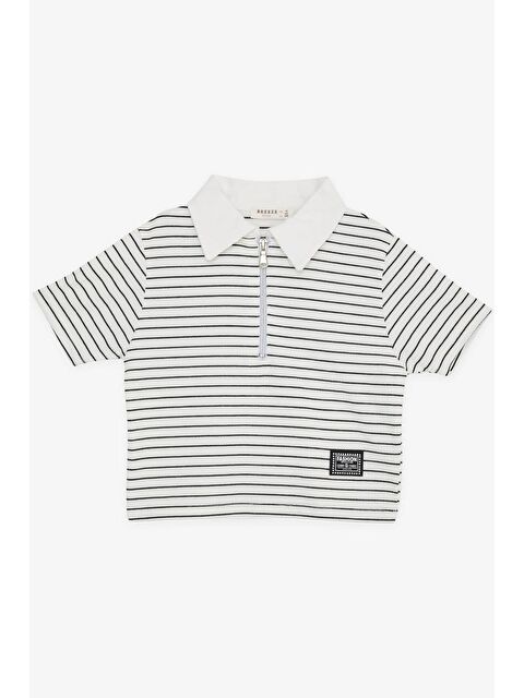 Breeze Kız Çocuk Crop Tişört Fermuarlı Çizgili Ekru (9-12 Yaş) - S000022237-19965