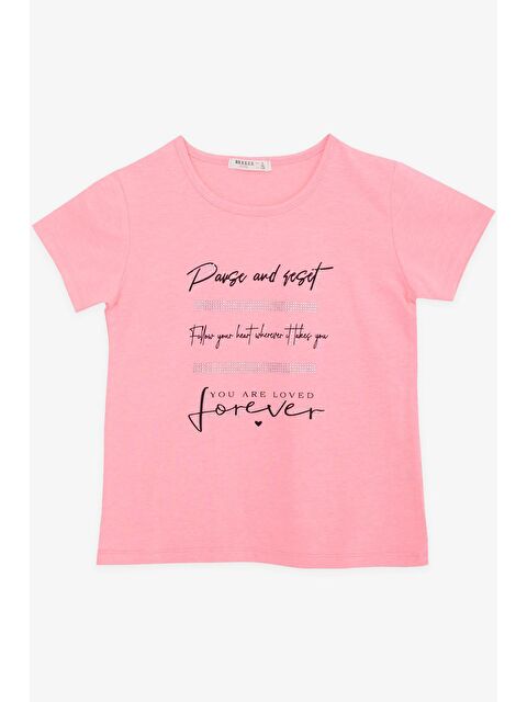 Breeze Kız Çocuk Tişört Taşlı Yazı Baskılı Neon Pembe (8-10 Yaş) - S000022241-20020