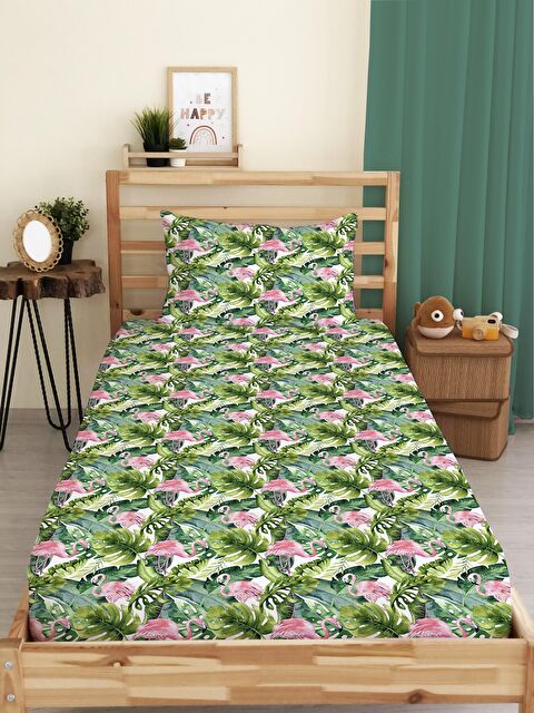 Evmila Flamingo Ve Yaprak Desen Baskılı Tek Kişilik Lastikli Çarşaf Seti Yeşil - S000067232-23173