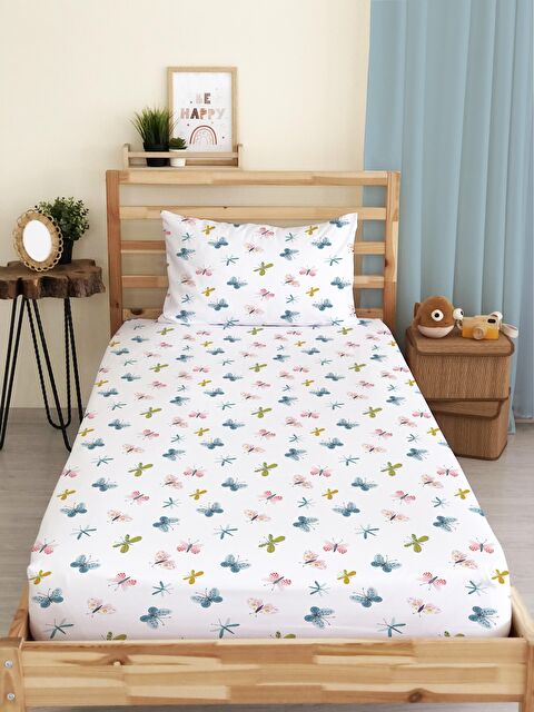 Evmila Kelebek Desen Baskılı Tek Kişilik Lastikli Çarşaf Seti Beyaz - S000067231-23173