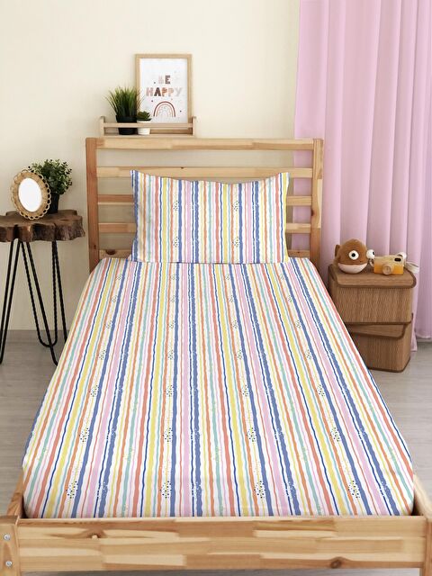 Evmila Renkli Çizgili Baskılı Tek Kişilik Lastikli Çarşaf Seti Renkli - S000067271-23173