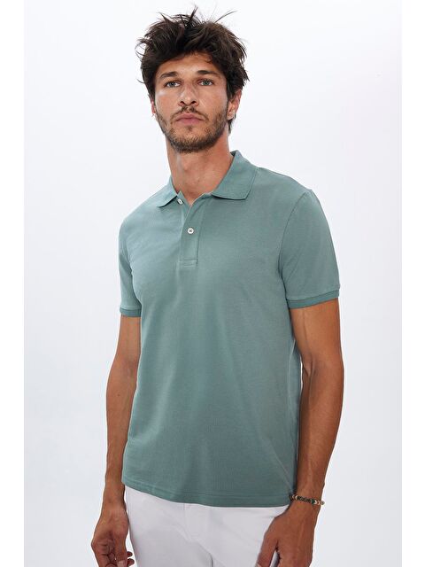 TUDORS Erkek Slim Fit Dar Kesim %100 Pamuk Yumuşak Dokulu Düz Pike Yeşil Polo Yaka Tişört