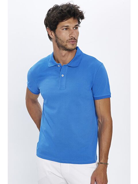 TUDORS Erkek Slim Fit Dar Kesim %100 Pamuk Yumuşak Dokulu Düz Pike Saks Mavi Polo Yaka Tişört