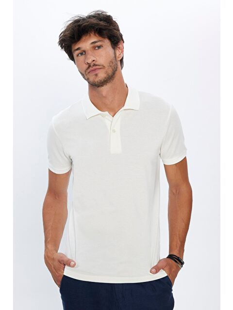 TUDORS Erkek Slim Fit Dar Kesim %100 Pamuk Yumuşak Dokulu Düz Pike Ekru Polo Yaka Tişört