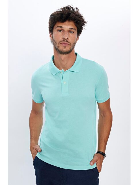 TUDORS Erkek Slim Fit Dar Kesim %100 Pamuk Yumuşak Dokulu Düz Pike Mint Renk Polo Yaka Tişört