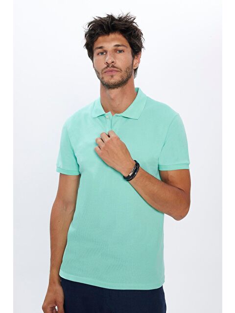 TUDORS Erkek Slim Fit Dar Kesim %100 Pamuk Yumuşak Dokulu Düz Pike Yeşil Polo Yaka Tişört