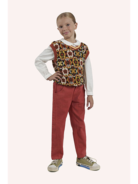 Panço Kız Çocuk Desenli Kiremit Süveter - S000319364-19957