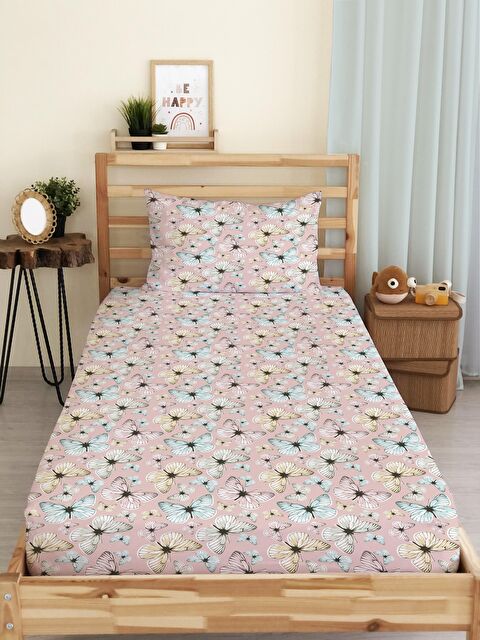 Evmila Kelebek Desen Baskılı Tek Kişilik Lastikli Çarşaf Seti Pembe - S000067289-23173