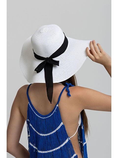 Luminos Butik Fiyonklu Beyaz Geniş Hasır Şapka HSR2081 - S000236270-20063