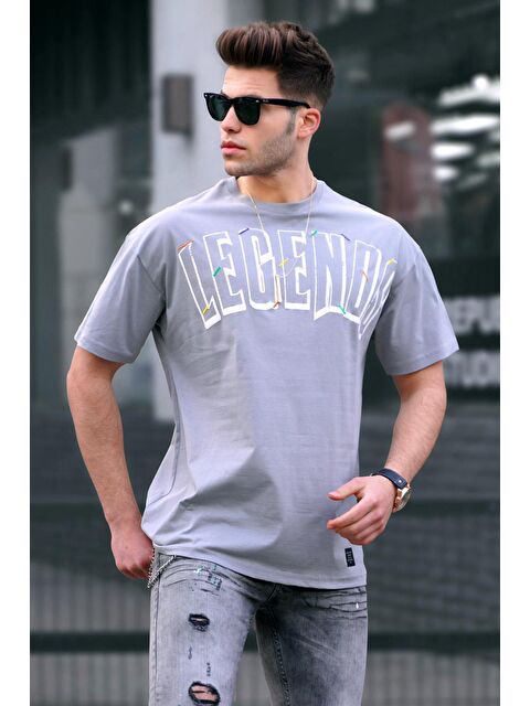 Madmext Baskılı Boyalı Gri Oversize %100 Pamuk Tişört 5393 - S000016128-22875