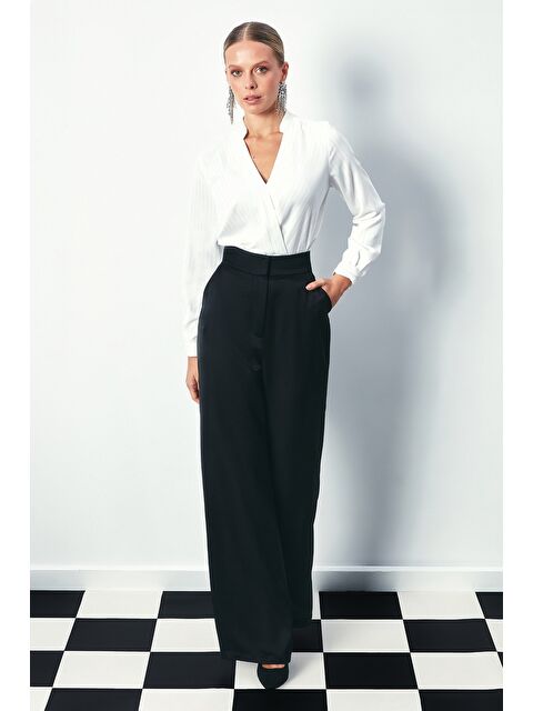 SATEEN Kruvaze Parlak Çizgili Bluz - Ekru - S000323455-19965