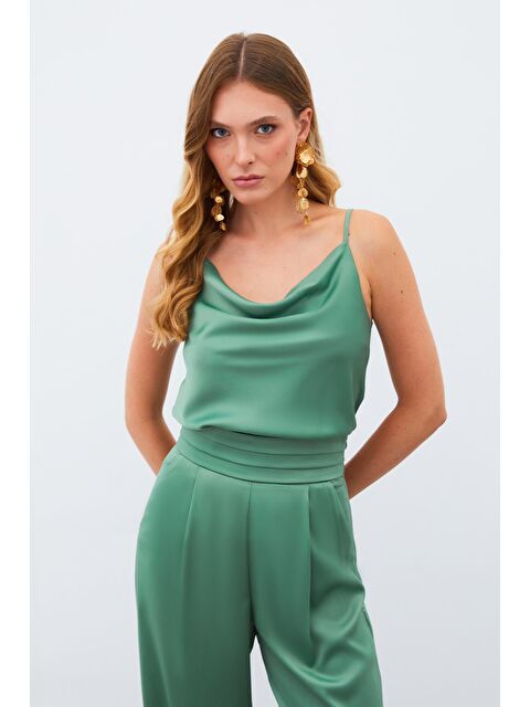 SATEEN Degaje Yaka Saten Bluz - Haki - S000323041-18547