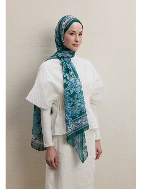 Fresh Scarfs Luna Desen İpek Krep Şal Koyu Yeşil