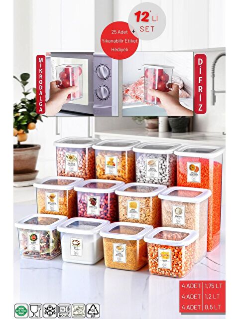 Nandy Home 12'li Set Etiketli, Kırılmaz Kare Erzak Saklama Kabı Beyaz X4 1,75 Lt/1,2 Lt/0,5 Lt - S000012621-23173