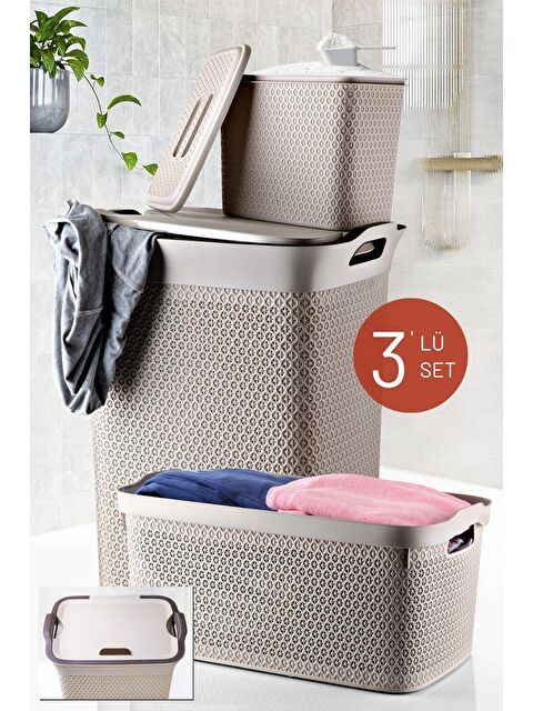 Nandy Home 3'lü Set Dekoratif safir Desenli Banyo Kirli Sepeti, Deterjan Kutusu ve Çok Amaçlı Sepet - S000013126-23173