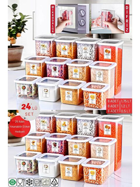 Nandy Home 24'li Set Etiketli, Kırılmaz Kare Erzak Saklama Kabı Beyaz X8 1,75 Lt/1,2 Lt/0,5 Lt - S000012622-23173