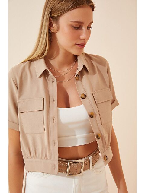 Hazelin Kadın Bej Cepli Düğmeli Kısa Kollu Yazlık Crop Gömlek Ceket HZL22S-BD106631 - S000037953-19928