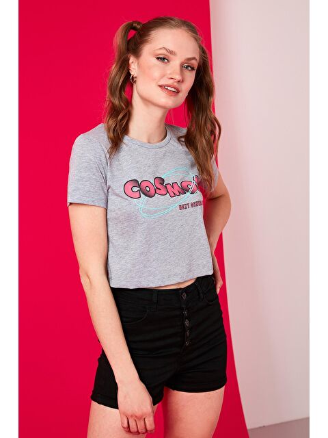 Lela Baskılı Bisiklet Yaka % 100 Pamuk Crop T Shirt 6001011 - S000001233-20600