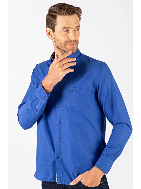 TUDORS Erkek Regular Fit Klasik Kesim Pamuklu Oxford Doku Tek Cepli Sax Mavi Düğmeli Yaka Gömlek - S000072065-23710