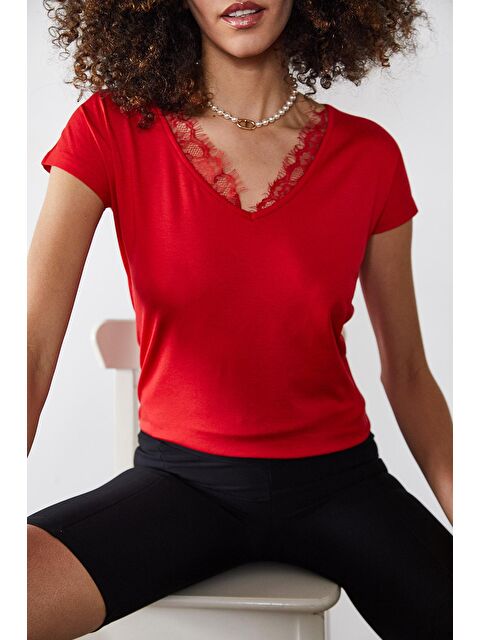 Xhan Bordo Dantelli V Yaka Bluz 2KXK2-45643-05 - S000030528-19951