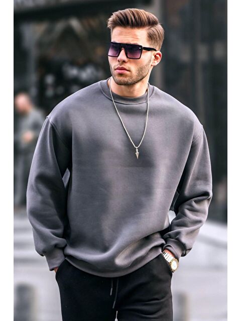 Madmext Füme Bisiklet Yaka Oversize Şardonlu Basic Erkek Sweatshirt 6048 - S000061227-33408