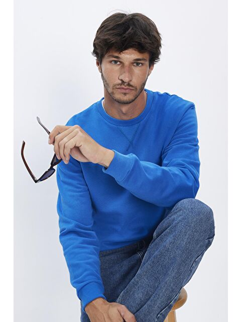 TUDORS Unisex Oversize Geniş Kesim %100 Pamuk Basic Saks Mavi Bisiklet Yaka Sweatshirt