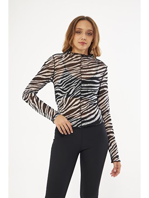 Chandraswear Ekru Desenli Kadın Tüllü Bluz  - Nules - S000107471-19965