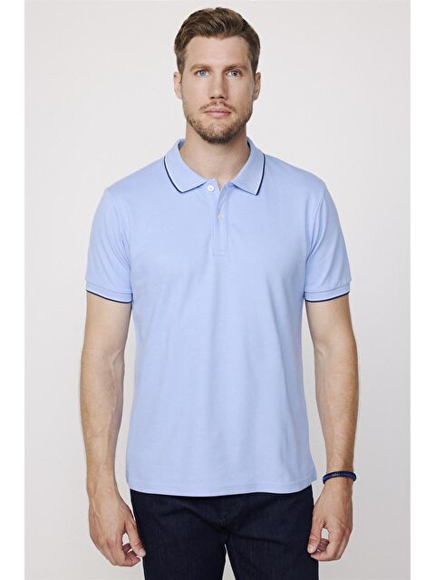TUDORS Erkek Polo Yaka Slim Fit Yaka ve Kol Şeritli Pike Mavi Tişört - S000042368-17234